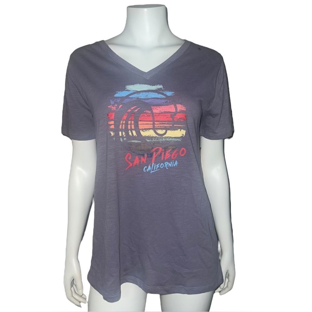 MV Sports Womens Heather Purple San Diego California V-Neck T-Shirt XL NWT